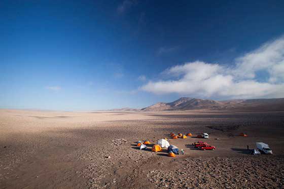 The SETI scientist camp site at Salar Grande. Domes and tents consist of personal tents, dining/working areas, kitchen, and a lab. Source: Victor Robles Bravo, Campoalto/SETI Institute