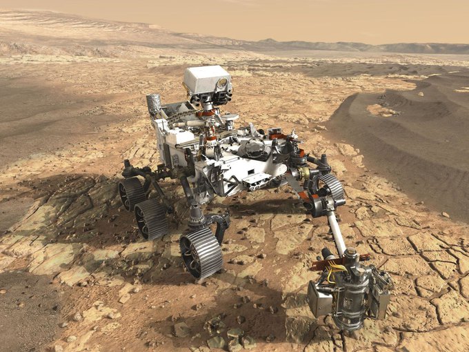 An artist conception of the 2020 rover on Mars. The PIXL instrument is at the end of the seven-foot extendable arm, along with two other instruments designed to (among other tasks) identify promising sites for PIXL.