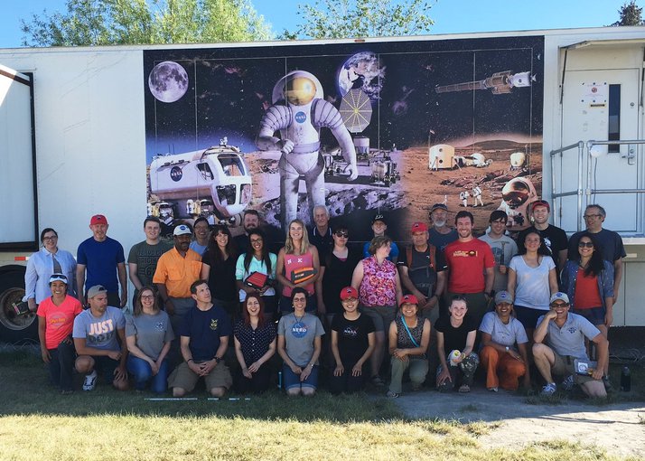 Researchers from NASA Ames’ BASALT (Biologic Analog Science Associated with Lava Terrains) project, among which are scientists from the UK Centre for Astrobiology, gather for a photograph during a field trip to Idaho in June 2016.