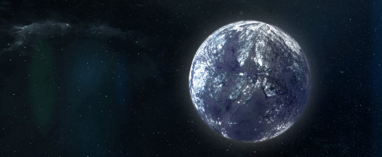 Drawing of a blue-tinted rocky planet floating alone in space. The planet sits to the left of the frame.