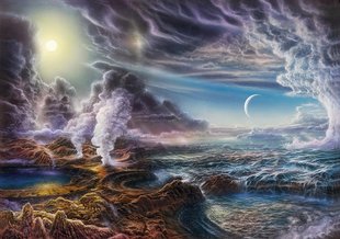 This is an artist’s view of the young Earth under bombardment by asteroids, one of many periods with conditions likely to have parallels in other solar systems. NASA GSFC