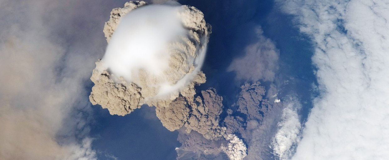 A 2009 eruption of the Sarychev Volcano in the Kuril Islands (northeast of Japan), captured by astronauts on the International Space Station. Volcanoes pump carbon dioxide into Earth’s atmosphere.