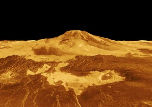 NASA Magellan mission synthetic aperture radar data is combined with radar altimetry to develop a three-dimensional map of Maat Mons on Venus. The vertical scale in this perspective has been exaggerated 10 times.