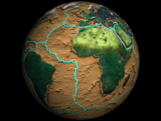 A rotating globe with tectonic plate boundaries indicated as cyan lines.