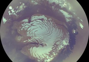 This MARCI image from the Mars Reconnaissance Orbiter is a composite mosaic of the north polar cap. The images were taken at midnight, 6 a.m., noon, and 6 p.m. martian time, during the summer when the