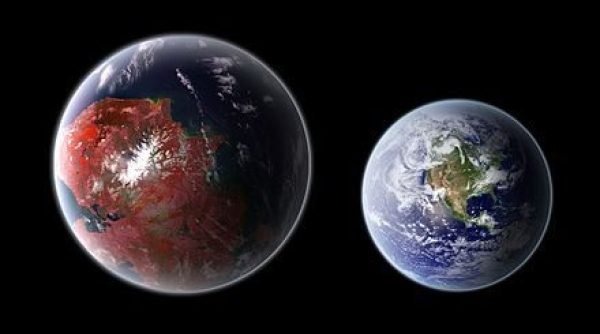 A rendering of the exoplanet Kepler 442 b, compared in size to  Earth.