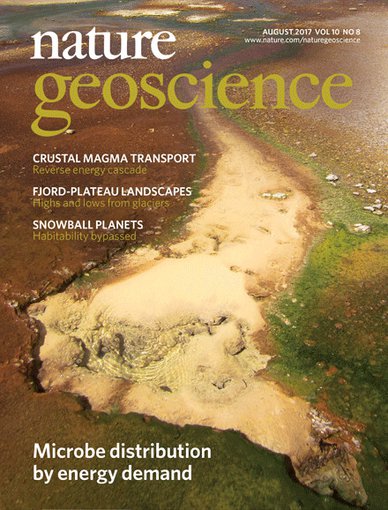 Cover of Nature Geosciences featuring the research of M. Amenabar et al. The image shows overlapping gradients in mineral substrates capable of supporting microbial metabolism in a hot spring outflow channel in Yellowstone National Park, WY.