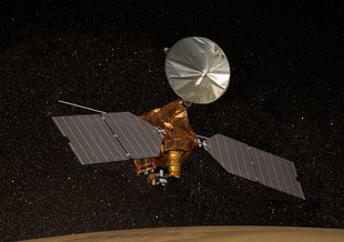 Artist's concept of the Mars Reconnaissance Orbiter in orbit around the Red Planet.