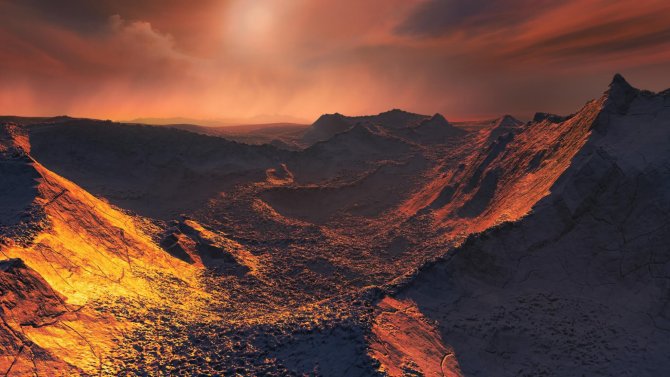 An artist’s rendering of the Barnard’s star planet at sunset.