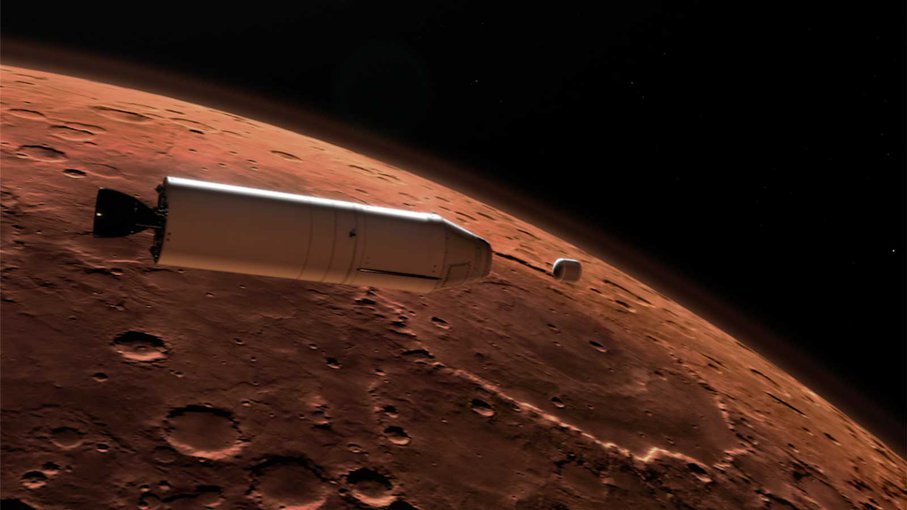 This illustration shows a concept for a Mars Ascent Vehicle (left) releasing a sample container (right) high above the Martian surface. A rocket will carry a container of sample tubes with martian rock and soil samples into orbit around Mars and release i