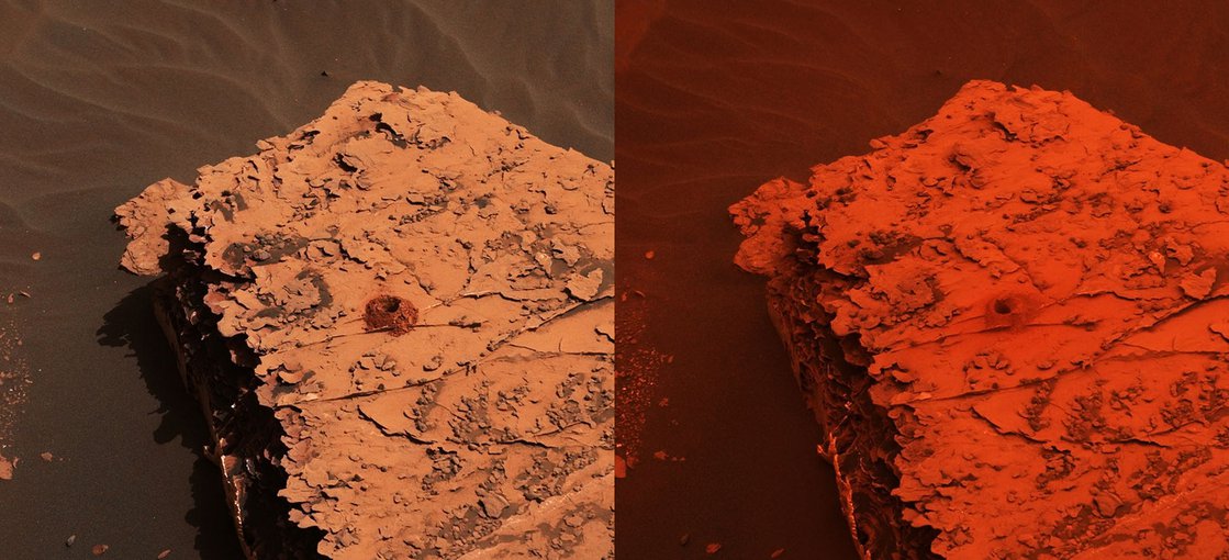 Two images (Sol 2058 (left); Sol 2084 (right)) of the "Duluth" drill site from the Mast Camera (Mastcam) on NASA's Curiosity rover depict the change in the color of light illuminating the surface since a dust storm engulfed Gale Crater.