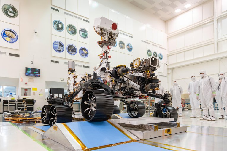 In a clean room at NASA's Jet Propulsion Laboratory in Southern California, engineers observed the first driving test for NASA's Mars 2020 rover on Dec. 17, 2019.