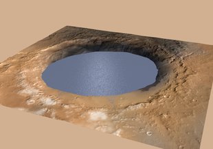 An illustration showing how the lake in the crater might have looked.