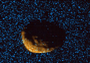 Phobos as observed by MAVEN's Imaging Ultraviolet Spectrograph. Orange shows mid-ultraviolet (MUV) sunlight reflected from the surface of Phobos, exposing the moon's irregular shape and many craters.
