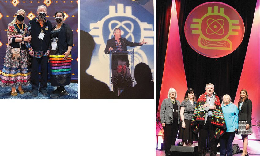 L:eft image shows Jack farmer standing between two women dressed in traditional garb. All three wear black masks indicating this was taken during the COVID pandemic. The center image shows Jack speaking at a podium. The right image shows Jack on stage.
