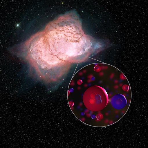 Image of planetary nebula NGC 7027 with illustration of helium hydride molecules.
