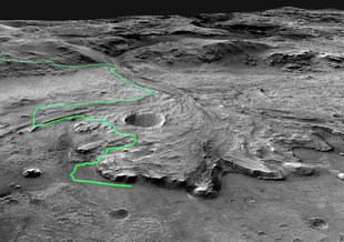 This annotated mosaic depicts a possible route the Mars 2020 Perseverance rover could take across Jezero Crater.