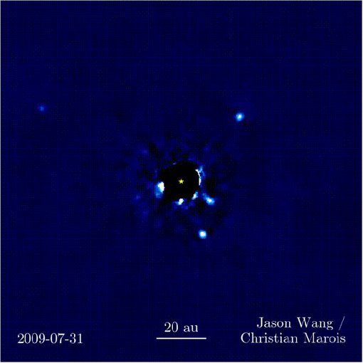 This image of four planets more massive than Jupiter orbiting the young star HR 8799 includes images taken over seven years at the W.M. Keck observatory in Hawaii.