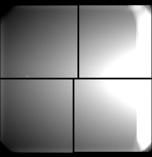The first images from the Solar and Heliospheric Imager, or SoloHI instrument, reveal the zodiacal light (the bright blob of light on the right protruding towards the center). Mercury is also visible as a bright dot on the image left.