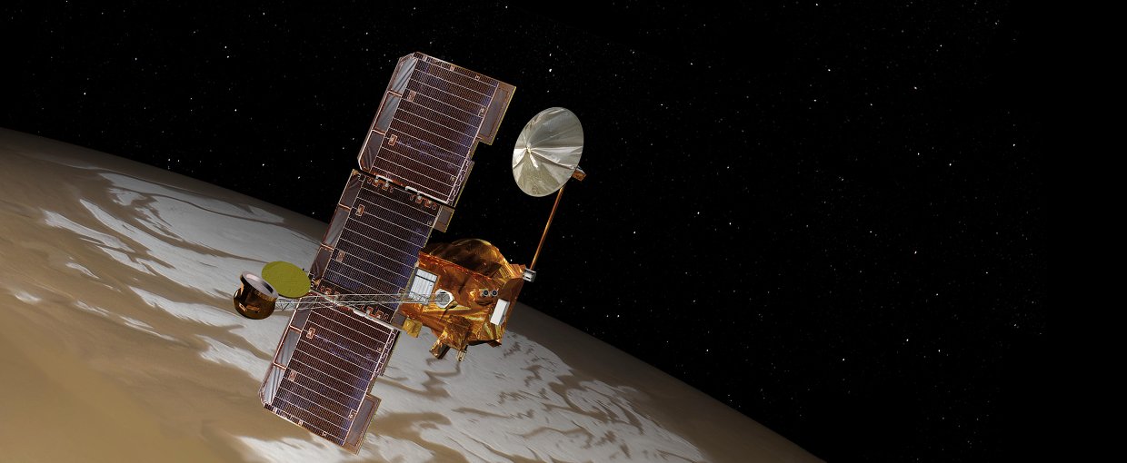NASA's Mars Odyssey spacecraft passes above Mars' south pole in this artist's concept illustration. The spacecraft has been orbiting Mars since October 24, 2001.
