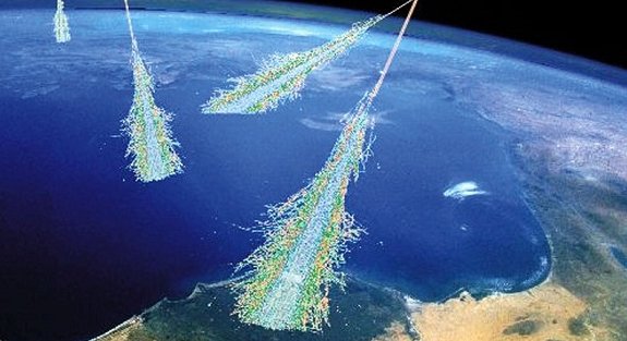 Air showers ensuing from very-high-energy cosmic rays can enter Earth’s atmosphere from multiple directions. Credit: Simon Swordy/NASA