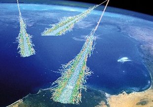 Air showers ensuing from very-high-energy cosmic rays can enter Earth’s atmosphere from multiple directions. Credit: Simon Swordy/NASA