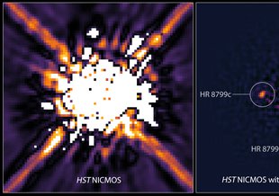 Left: This is an image of the star HR 8799 taken by Hubble’s Near Infrared Camera and Multi-Object Spectrometer (NICMOS) in 1998. Right: A re-analysis of NICMOS data in 2011 uncovered three of the exoplanets, which were not seen in the 1998 images.