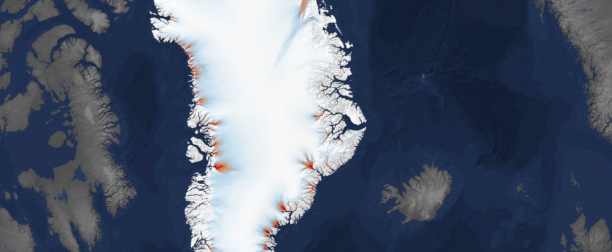 This is a composite of multiple Landsat images from 1985-2015, showing Greenland’s ocean-terminating glaciers and how some have not advanced and others have retreated.