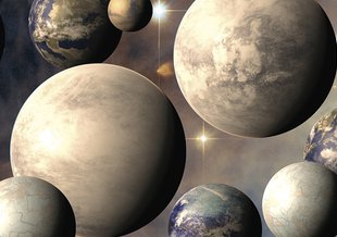 Four antennas of the Atacama Large Millimeter/submillimeter Array (ALMA) gaze up at the star-filled night sky.