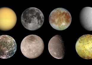 (Top row, left to right) Titan, Earth's moon, Europa and Enceladus. (Bottom row, left to right) Callisto, Charon, Ariel and lo. Image credit: NASA 