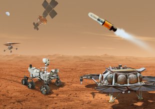This illustration shows a concept for multiple robots that would team up to ferry to Earth samples collected from the Mars surface by NASA's Mars Perseverance rover.