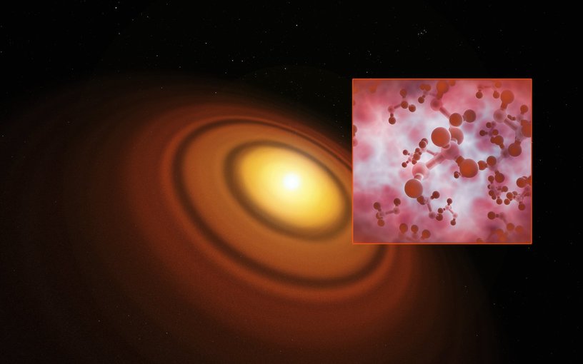 Artist’s illustration of a protoplanetary disk. The chemistry of a protoplanetary disk determines what molecules are incorporated into a newly forming planet’s atmosphere.