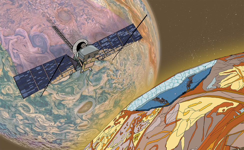 A comic book style illustration shows Clipper swooping down from the top right toward Europa. An image of Jupiter from the Juno mission is in the background. Europa is hand drawn and a cutaway at the surface shows the ocean underneath.