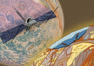 A comic book style illustration shows Clipper swooping down from the top right toward Europa. An image of Jupiter from the Juno mission is in the background. Europa is hand drawn and a cutaway at the surface shows the ocean underneath.