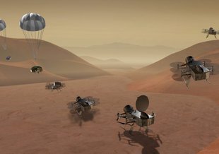 Dragonfly is a quadcopter lander that would fly to locations on Titan hundreds of miles apart. It would sample materials and determine the composition of the surface.  One goal would be to analyze Titan’s organic chemistry and assess its habitability.