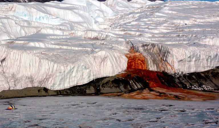 "Blood Falls" seeps from a buried saltwater reservoir at the end of East Antarctica's Taylor Glacier. Observations have revealed lakes and streams hidden beneath Antarctic ice.
