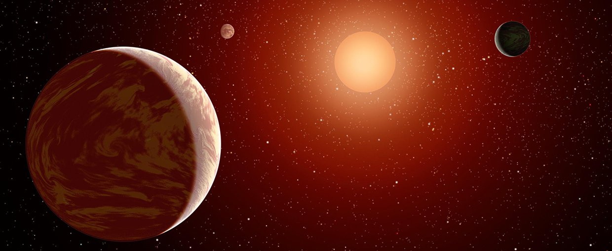 Artist rendering of a red dwarf or M star, with three exoplanets orbiting. About 75 percent of all stars in the sky are the cooler, smaller red dwarfs.