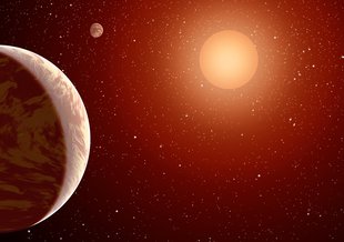 Artist rendering of a red dwarf or M star, with three exoplanets orbiting. About 75 percent of all stars in the sky are the cooler, smaller red dwarfs.