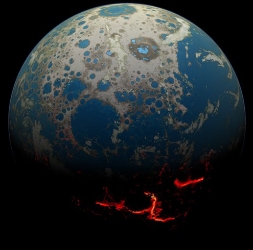 Illustration of what the Earth may have looked like over three billion years ago, when our planet was a very different place, but still played host to a primitive form of life.