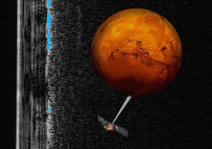Artist impression of the Mars Express spacecraft probing the southern hemisphere of Mars, superimposed on a radar cross section of the southern polar layered deposits.
