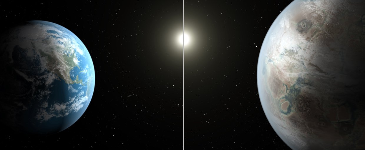 This artist's concept compares Earth (left) to the new planet, called Kepler-452b, which is about 60 percent larger in diameter. Credits: NASA/JPL-Caltech/T. Pyle