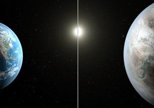 This artist's concept compares Earth (left) to the new planet, called Kepler-452b, which is about 60 percent larger in diameter. Credits: NASA/JPL-Caltech/T. Pyle
