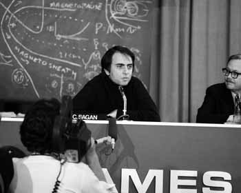 The late, renowned astronomer Carl Sagan shown at a November, 1973 press conference held at NASA's Ames Research Center, Moffett Field, Calif., while discussing the Pioneer 10 spacecraft's mission to obtain images of Jupiter.