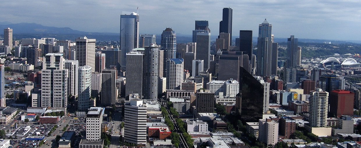 A view of Seattle, Washington, from inside the Space Needle.