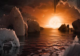 This artist's concept is one interpretation of what it could look like to be standing on the surface of the exoplanet TRAPPIST-1f.