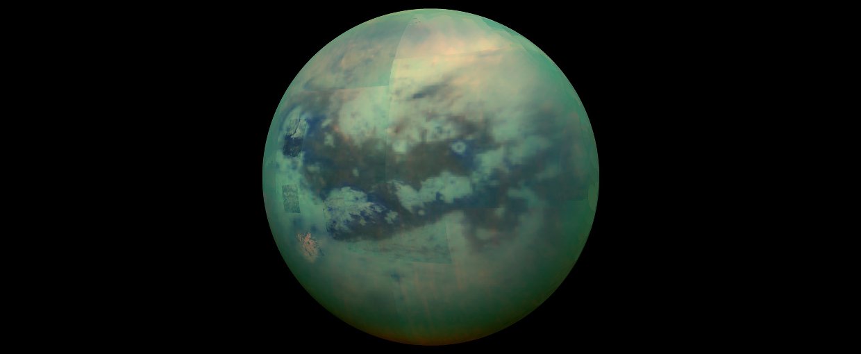 A false-color view of Titan, a moon of Saturn surrounded by a thick orange haze. Titan is believed to contain an ocean with an icy crust on top, which will be simulated in future research.