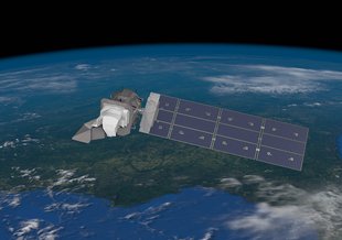 An artist's conception of the Landsat 9 spacecraft, the ninth satellite launched in the long-running Landsat program, high above the US Gulf Coast.