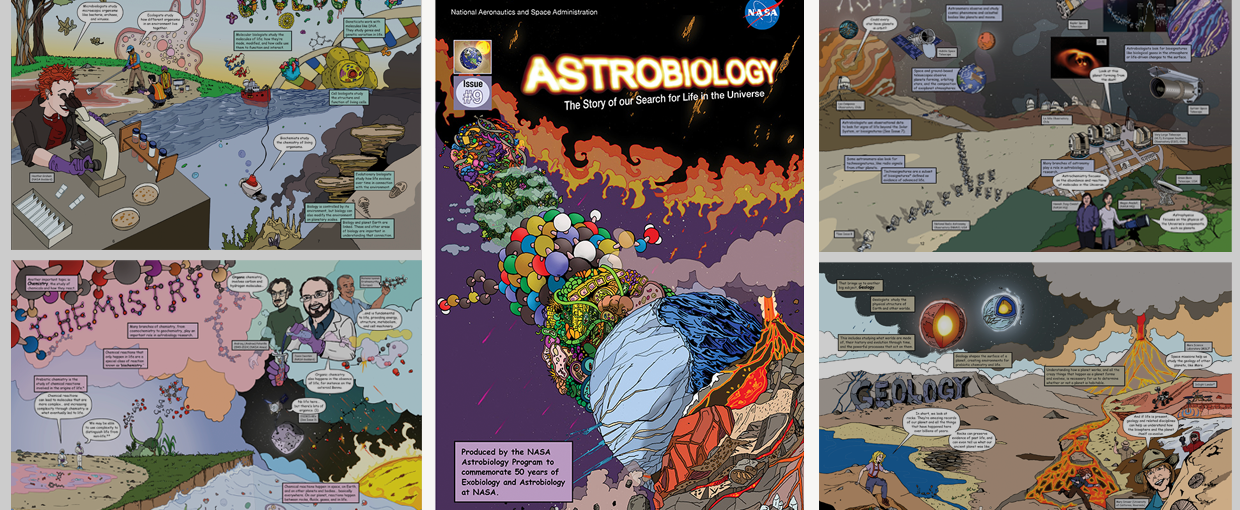 The cover of Issue 9 floats in front of a collage of pages from the issue that feature four major disciplines of astrobiology: Biology, Astronomy, Chemistry and Geology.