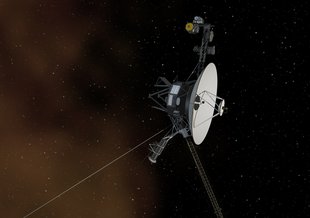 The Space Between: This artist's concept shows the Voyager 1 spacecraft entering the space between stars. Interstellar space is dominated by plasma, ionized gas (illustrated here as brownish haze), that was thrown off by giant stars millions of years ago.