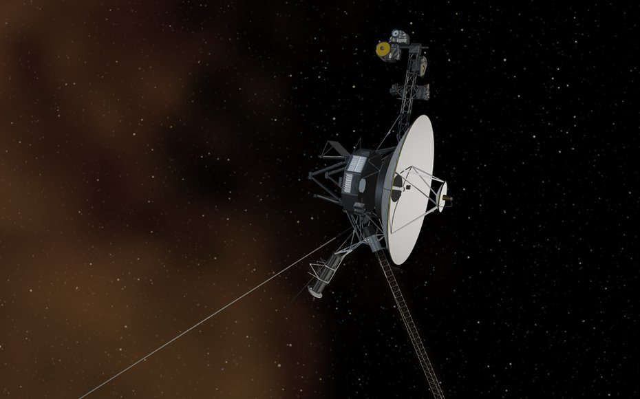 The Space Between: This artist's concept shows the Voyager 1 spacecraft entering the space between stars. Interstellar space is dominated by plasma, ionized gas (illustrated here as brownish haze), that was thrown off by giant stars millions of years ago.